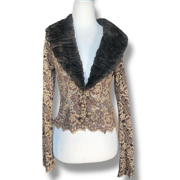 Y2K Ann Ferriday Brown Gold Lace Jacket Faux Fur Collar Victorian Boho Romantic - Picture 11 of 11
